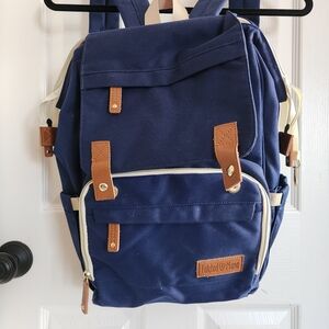 Latched Mama Blue Backpack with Brown Details